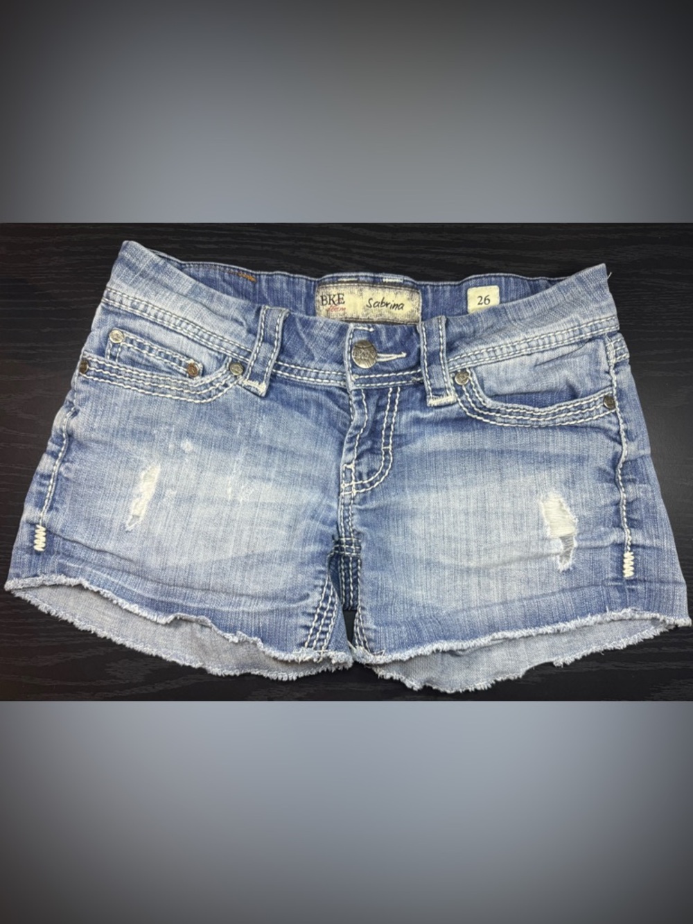 BKE Sabrina Denim Shorts Women 26 Distressed Stretch Low Rise Raw Hem Blue